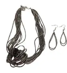Gunmetal Gray Seed Beaded Multi Stranded Knotted Necklace & Earrings Set