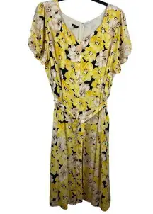 Talbots Yellow Floral Sheer Lined 24W Short Sleeve Button Up Tie Waist Dress