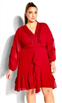 City Chic red romantic embroidered sweetheart‎ ruffle long sleeves love dress 3X