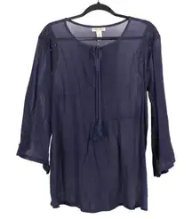 Studio West Peasant Blouse L Women NEW Blue Boho Sheer Crochet Tunic Bell Sleeve