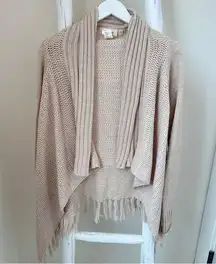 RD Style Cream Ribbed Knit Open Front Cardigan Sweater with Fringe Bottom