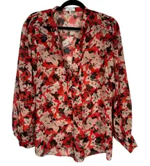 Reiss Red White Floral Silk Sheer Button Down Shirt Womens 4 Coquette Luxury