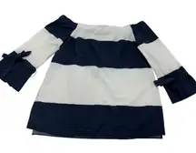 Zara Top Womens Small Blue White Striped Off Shoulder Top Tie Sleeve