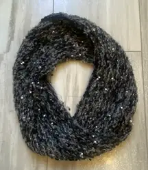 Hand-knit Gray and Black Beaded Loop Twist Continuous Circular Scarf, one size