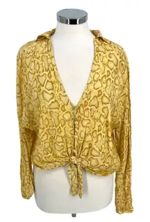 Faithfull The Brand Aira Knot Shirt Yellow Snake Print Long Sleeve Size 4 Small
