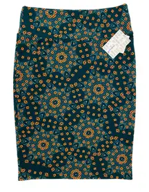 Lularoe Cassie Textured Pencil Skirt Teal Orange Mandala Print Stretch - L NWT