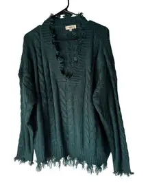 Entro‎ Womens M Green Cable Knit V Neck Distressed Fringe Sweater Boho Western