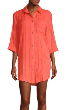 Coral Sheer Button Down Swim CoverUp Shirt Dress