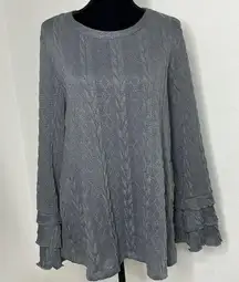 Doe & Rae  size 2X gray cable “look” sweater with bell ruffle sleeves