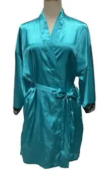 Fredericks of Hollywood Blue Satin Short Kimono Robe Lace‎ Trim Pockets Size M