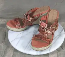 𝅺Sperry Topsider Maris Espadrille Wedges Orange Snake Print‎ Woman's Size 7.5