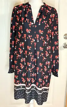 LOFT Black and Red Floral Split Neck Dress with front pockets. Size Small