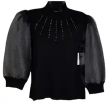 89th + Madison Women's Sweater Black Embellished Sheer Mesh Sleeves Size Small