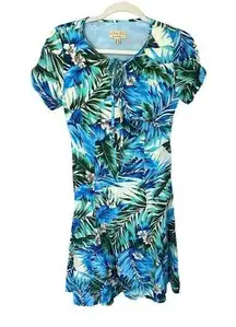 Lindy Bop Fit & Flare Dress Floral Botanical Hawaiian Tropical Blue Green Small