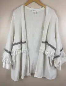 H&M Cream Kimono Cardigan Size L Boho Fringe Orange Stripes Coachella Style