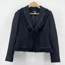 Etcetera Black Tweed Boucle Fringed Trim Hook & Eye Closure Blazer Jacket Size 6