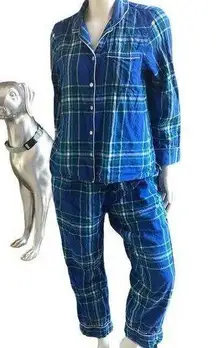 Lands' End Blue Plaid Flannel 2 Piece Button Down Pajamas Women’s Size Medium