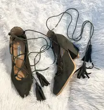 Olive Green Lace-Up ballerina Block pointed Heels