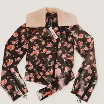 For Love & Lemons Wren Vegan Leather Moto Jacket Floral Rose Romantic Grunge new