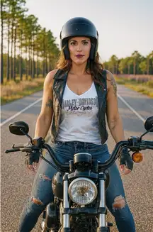 Harley Davidson White Tank Rhinestone Front Blue Trim Women's Small Schaefers PA