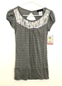 NEW NWT FLEURISH Gray Metallic Striped Sequin Short Sleeve Y2K Blouse JUNIORS S