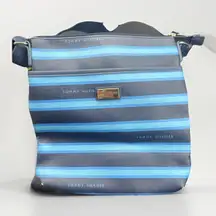 TOMMY HILFIGER Blue Striped Round Logo VINYL CROSSBODY HAND BAG
