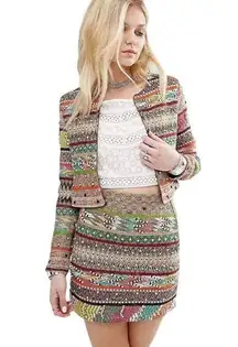 Multi Geo-Tribal Stripe Trophy Embelished Open Front Cropped Jacket