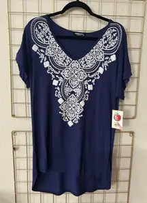 Royal Navy V-Neck Blouse w/ Embroidered Look | NWT | Size Medium | High-Low Hem