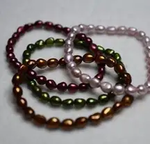 Retro Chic Freshwater Pearl Set Of 4 Rose/White/Green/Copper Stretch Bracelets