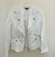 White House Black Market Ruffle Front Cotton Moto fitted Jacket with zip Pockets