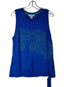 Blue Palm Leaf Print Sleeveless Tie Bottom Knit Top Large L Beach