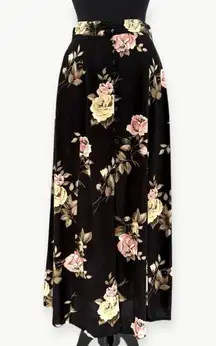 Express Vintage 90s Button Up Midi Floral Roses Skirt | Sz Medium | Black Multi