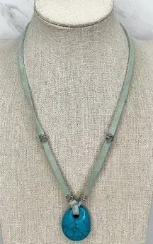 Blue Faux Turquoise Pendant Silver Tone and Light Blue Faux Suede Necklace