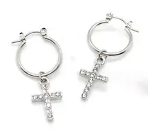 Silver Cross Hoops – Minimalist Rhinestone Earrings, Dainty Christian Jewelry