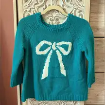 Anne Taylor preppy coquette bow teal sweater with 3/4 sleeves cotton wool blend