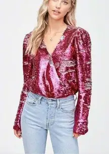 En Saison Womens Size L Bastienne Pink Sequin Bodysuit  puffed-sleeve NEW