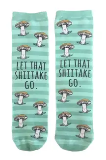 Let That Shitake Go Socks Mushroom Novelty Unisex Pun Green Stripe One Size NWT‎
