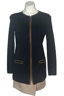 LAUREN RALPH LAUREN Black Cotton Knit Jacket Brown Faux Suede Trim Size Medium