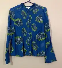 Lucky Brand Blue Green Floral Print Long Sleeve Button Front Blouse Size Small