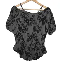 Women's Free People Gray Black Floral Elastic Crop Top Short Sleeve Shirt Size S