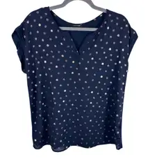 Papermoon Navy Blue Rose Gold Short Sleeve Split Neck Lightweight Blouse Size L