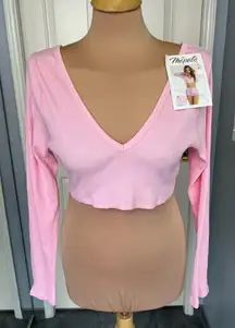 Mapale Pink Ribbed Crop Sleep Shirt Bralette Top‎