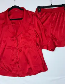 Nuuds Red Heart Print Satin Pajama Set Women's XXL Button Up Top Shorts