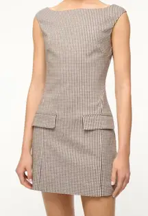 STAUD NEW WALKER DRESS DARK CHOCOLATE MICRO CHECK GINGHAM
