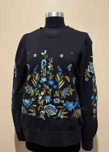 DREW Black Sweatshirt with Blue and Gold Floral Embroidery