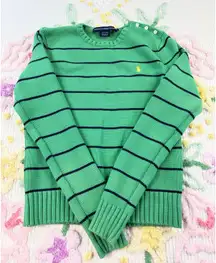 Ralph Lauren Sport Green Navy Striped Cotton Sweater‎ Top Size M Buttons