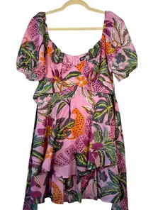 Tropical‎ Pink Dress with Puff Sleeves