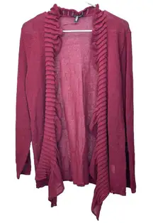 Eileen Fisher Dark Red‎ Ruffle Linen Open Front Long Sleeve Cardigan Size XL