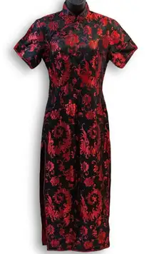 Vintage Black Red Chinese Brocade Maxi Dress