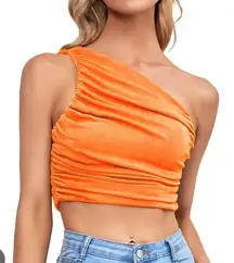 One Shoulder Orange Rouched Crop Top